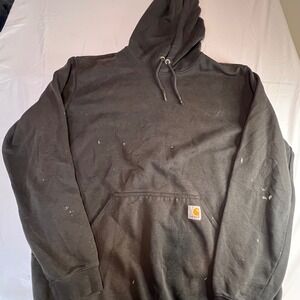 Carhartt L Tall K288 Hoodie Black Distressed Paint Splatter Pullover Workwear